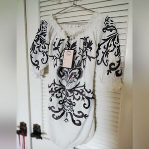 Almatrichi Madrid Size 46 (S) White w/ Brown Scroll Design Dress